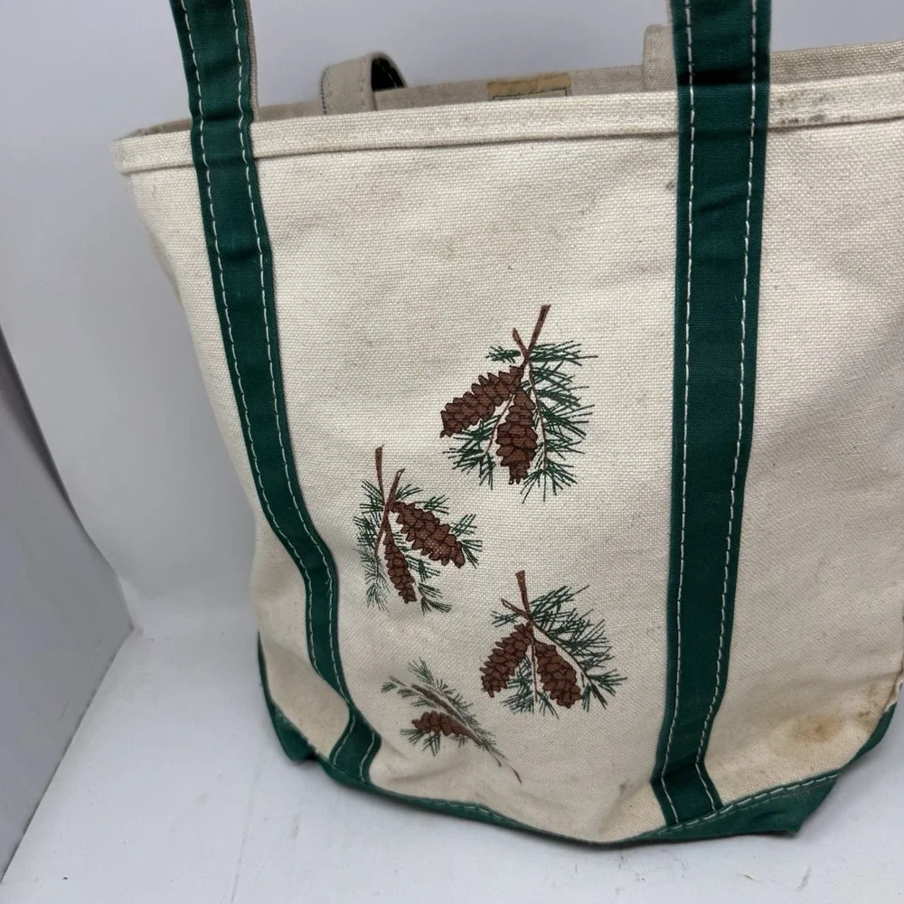 VTG 80s LL Bean Boat & Tote Bag USA Canvas Green Pine Cones Tree Oak Medium